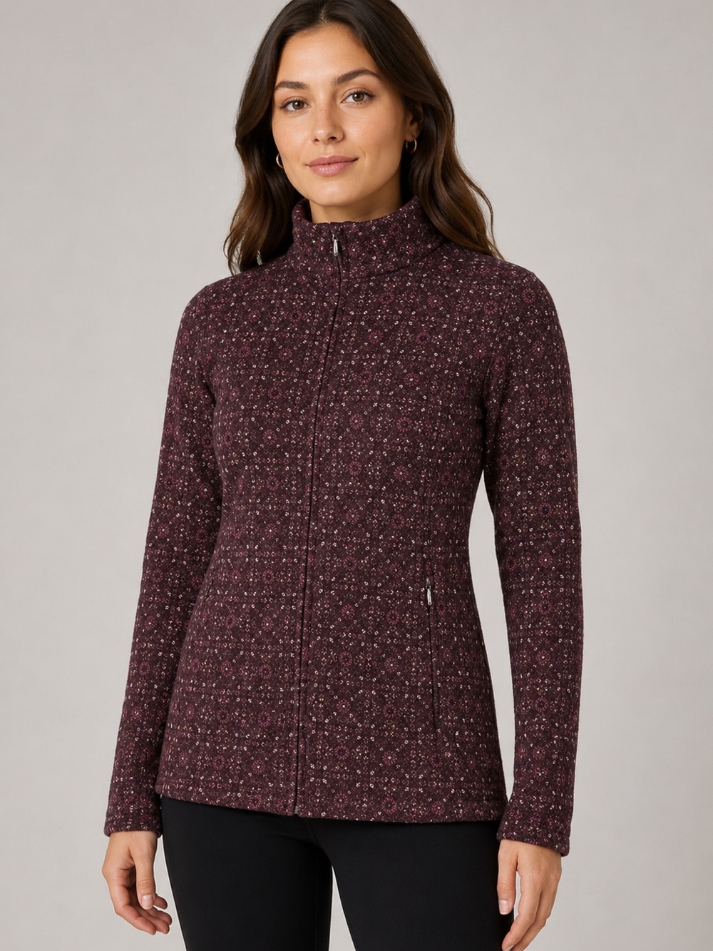 Ibex Juliet 100% Merino Wool Cardigan Zip Sweater Brown Print Medium